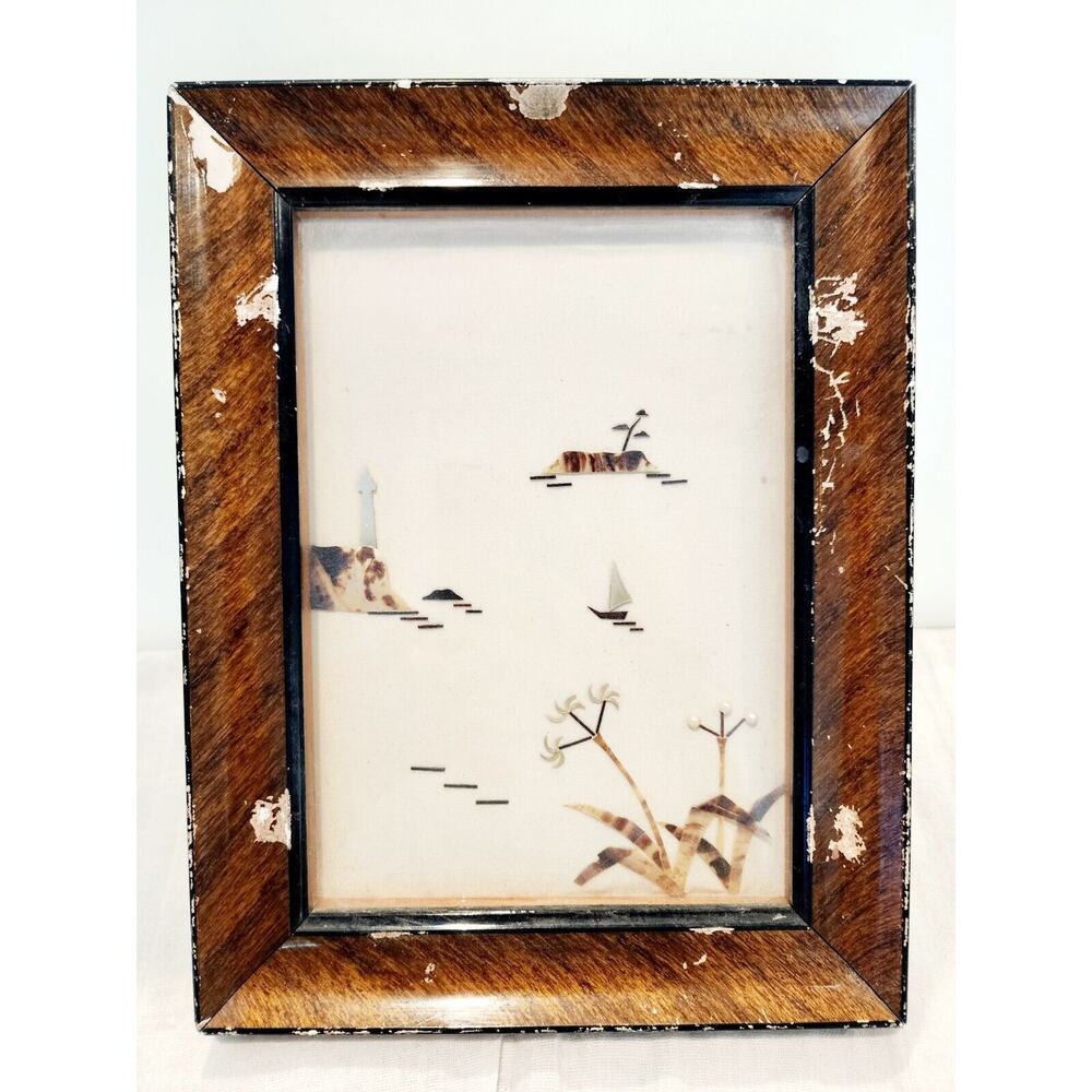 Pearl & Tortoiseshell Style Sailboat Lighthouse Island Art VNTG Frame Rare8"x10"